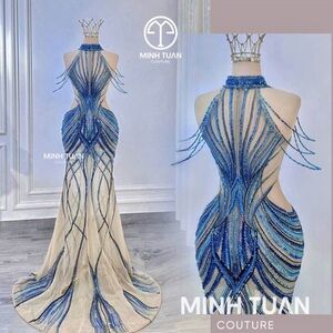 Blue and Cream Women's Dress